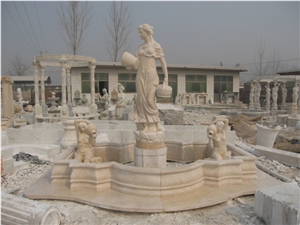 Hand Carved Beige Marble Pool Fountain with Statue Figure
