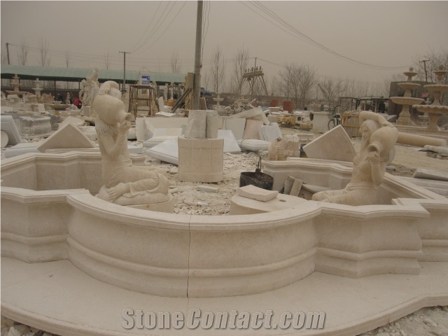 Hand Carved Beige Marble Pool Fountain with Statue Figure