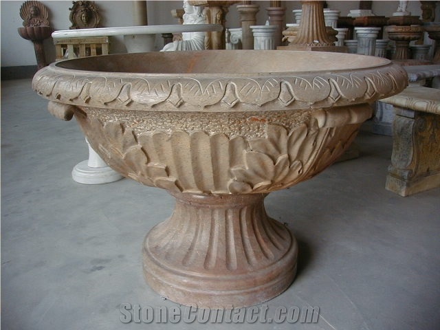 Hand Carved Marble Flower Pot, Brown Marble Flower Pots