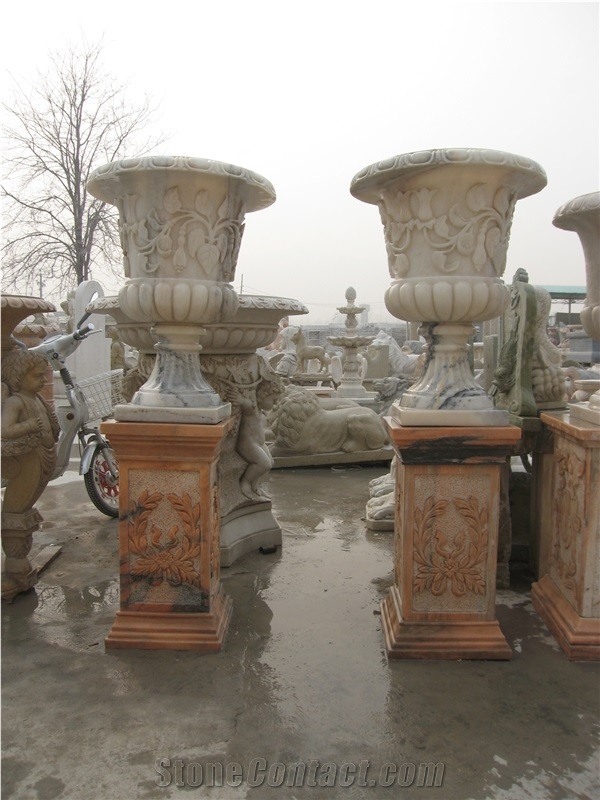 Hand Carved Marble Flower Pot with Pedestal