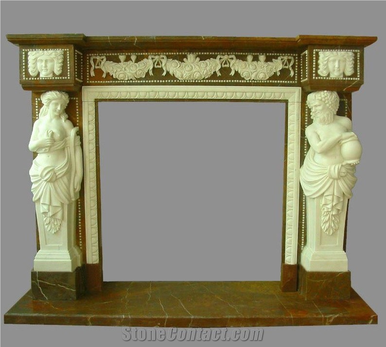 Hand Carved Multi-Color Marble Fireplace Mantel Surround Hearth Statue