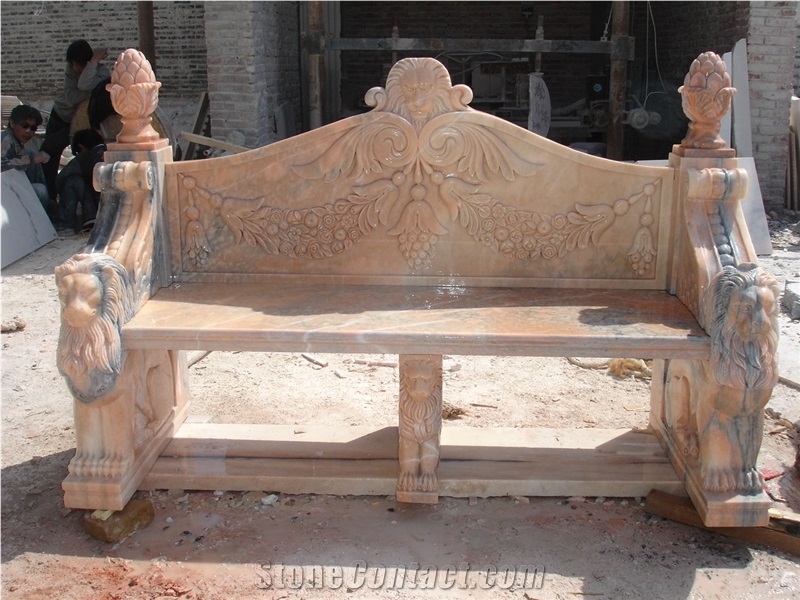 Hand Carved Pink Marble Bench for Garden, Pink Marble Bench & Table
