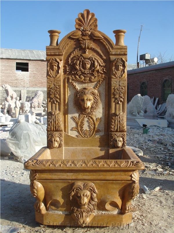 Hand Carved Wall Fountain Brown Marble Fountain Lion Sculpture Garden