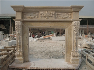 Hand Carved Yellow Marble Fireplace Mantel Surround Hearth