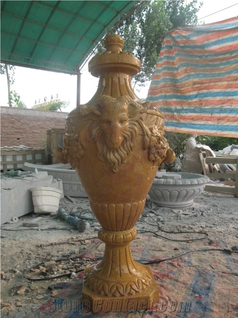 Hand Carved Yellow Marble Vase(Urn), Yellow Marble Flower Pot