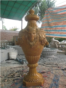 Hand Carved Yellow Marble Vase(Urn), Yellow Marble Flower Pot