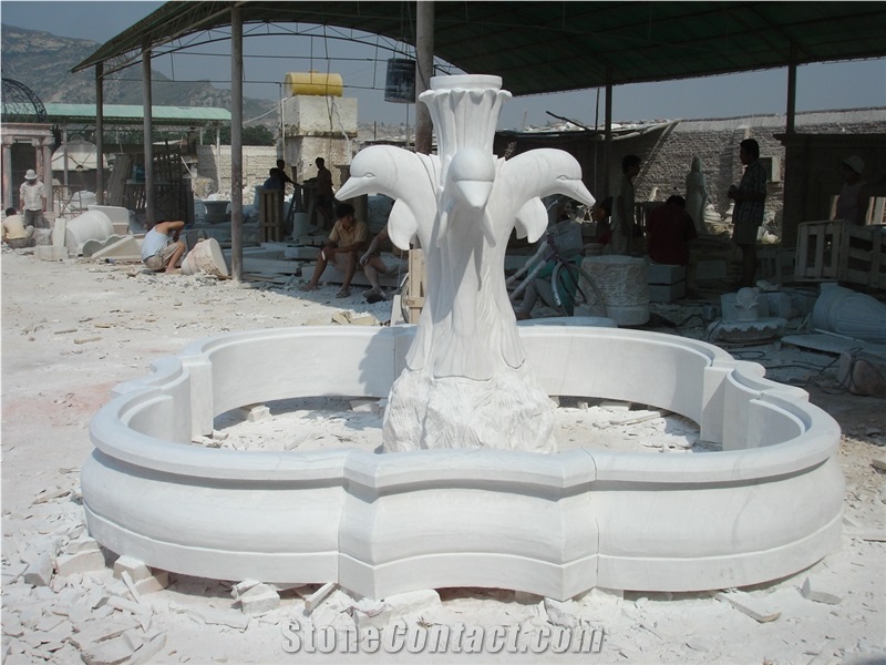 White Marble Fountain with Pool Animal Hand Carved Garden Sculpture