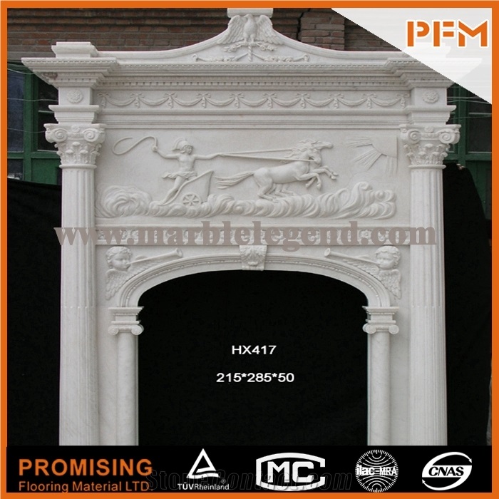 2015 New Design / Western / European Customized Figure / Hand Carving Sculptured Fireplace Mantel / Chinese High Quality Hunan Pure White Marble