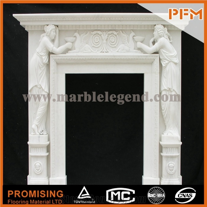 2015 New Design / Western / European Customized Figure / Pure White Marble Hand Carving Sculptured Fireplace Mantel