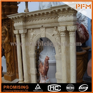 New Design European Customized Figure, Elegant Beige Marble Hand Carving Sculptured Fireplace