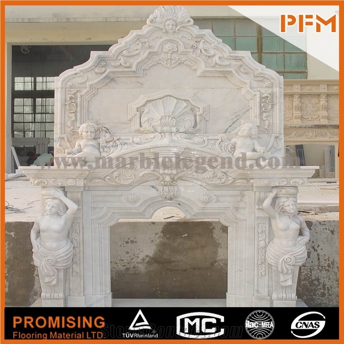 New Design / Western / European Customized Figure / Bonzer White Marble Hand Carving Sculptured Fireplace Mantel
