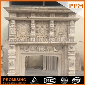 New Design / Western / European Customized Figure / Double-Deck Beige Marble/ Hand Carving Sculptured Fireplace Mantel