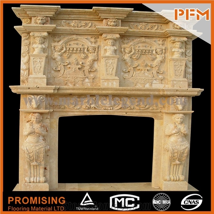 New Design / Western / European Customized Figure / Double-Deck Beige Marble/ Hand Carving Sculptured Fireplace Mantel