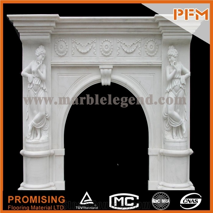 New Design / Western / European Customized Figure / Imperial White Marble Hand Carving Sculptured Fireplace Mantel