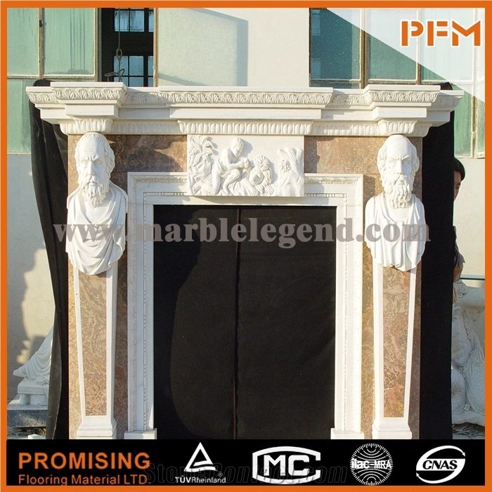 New Design / Western / European Customized Figure / Mixed Color White Marble Hand Carving Sculptured Fireplace Mantel