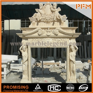 New Design / Western / European Customized Figure / Noble Beige Marble/ Hand Carving Sculptured Fireplace Mantel