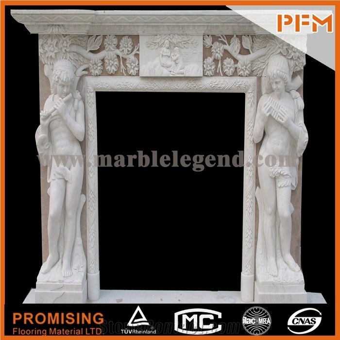 New Design / Western / European Customized Figure / Royal White Marble Hand Carving Sculptured Fireplace Mantel
