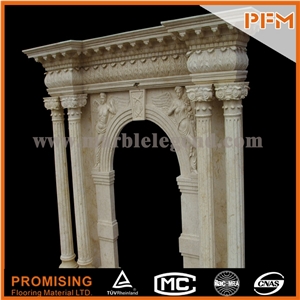 New Design Western European Customized Figure,Sunny Beige Marble Hand Carving Sculptured Fireplace Mantel