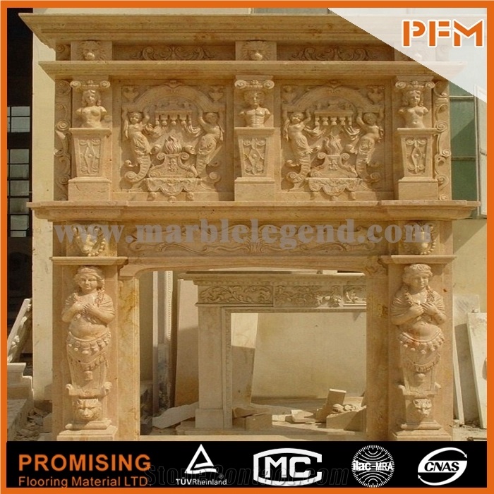 Sunny Marble,New Design Western European Customized Figure,Classic Beige Marble Hand Carving Sculptured Fireplace Mantel