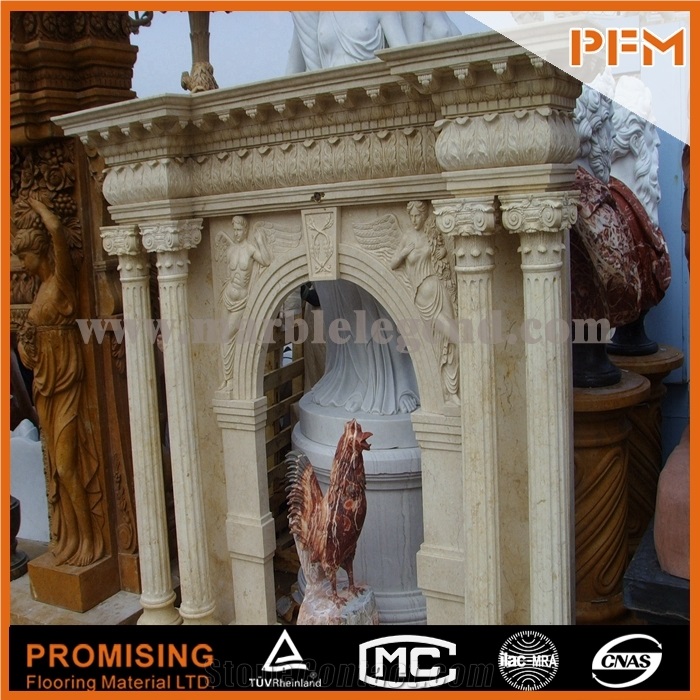 Sunny Marble,New Design Western European Customized Figure,Classic Beige Marble Hand Carving Sculptured Fireplace Mantel