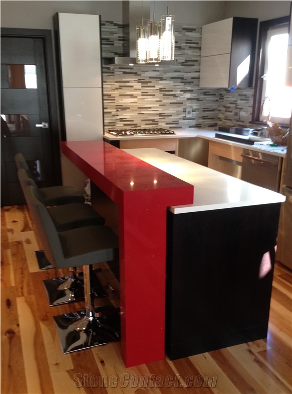 Red Shimmer Caesarstone Modern Kitchen Bar Top