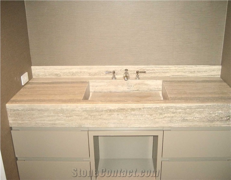 Silver Travertine Custom Sink and Countertop Combination