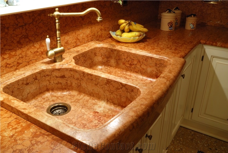 Rosso Verona Marble Kitchen Countertop with Monolith Double Sink