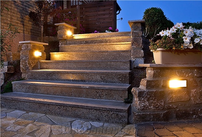 Porfido Rosso Granite Staircase with Light, Red Italy Granite Stairs & Steps