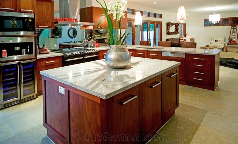 Quartz Stone Kitchen Countertops and Floor Tiles