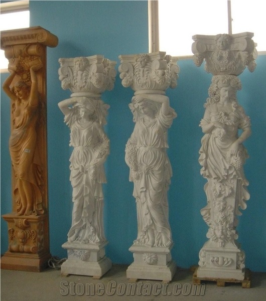 Beige Travertine Columns, Human Figures Hand-Carved Columns