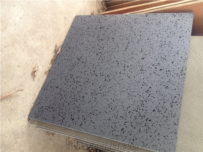 Hainan Black Lava Stone Tiles & Slabs, China Black Big Holes Volcanic Basalt Honed Tiles