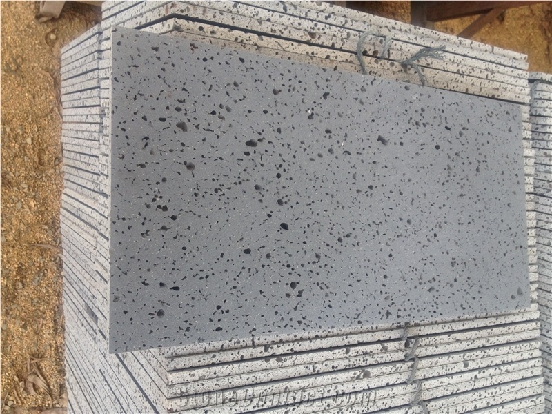 Hainan Black Lava Stone Tiles & Slabs, China Black Big Holes Volcanic Basalt Honed Tiles