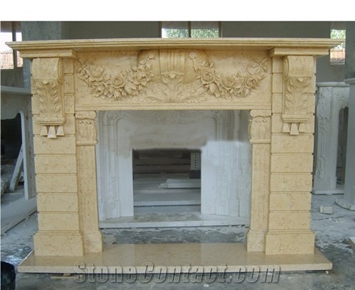 Beige Marble Fireplace Surround with Design and Hand Carving