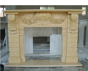 Beige Marble Fireplace Surround with Design and Hand Carving