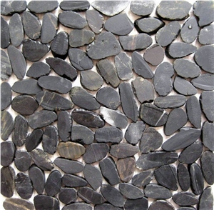 Black Flat Split Pebble Tile,Pebble Meshed Tile,Black Cobble Tile,Black River Rock