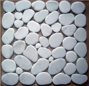 Snow White River Stone Tile,White Sliced Pebble Tile,White Flat Split Cobble,River Stone Meshed Tile