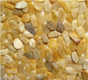 Yellow Sliced Mesh Pebble,Yellow River Stone,Yellow Flat Pebble Tile,Landscaping Cobbles