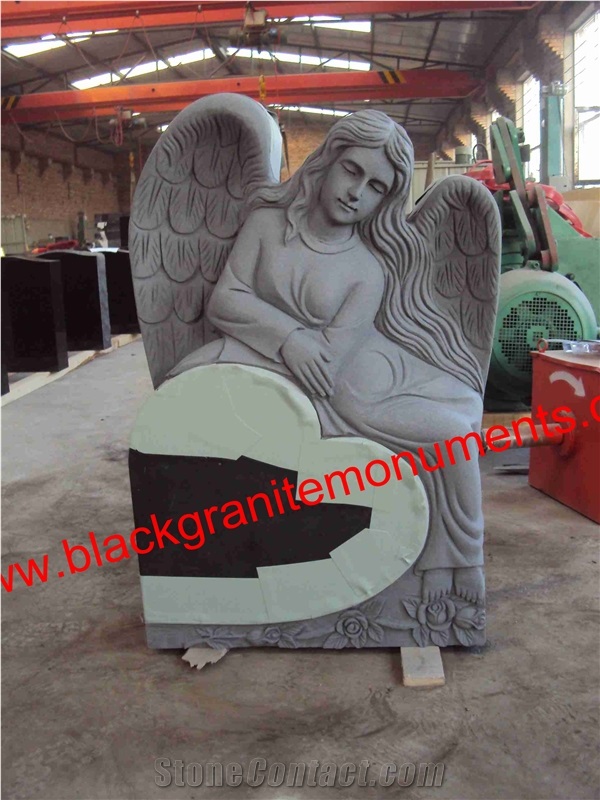 China Absolute Black Polished Monument & Tombstone, China Shanxi Black Polished Monument & Tombstone, China Absolute Black Polished Memorials & Headstones, Angel Carving, Us Style