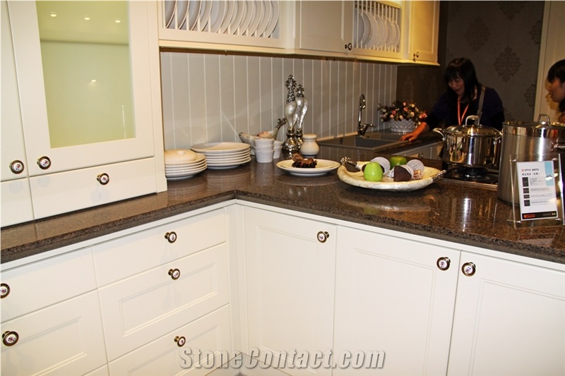Granite-Look Quartz Surfaces Slabs and Prefabricated Tops with Coffee Brown Spots