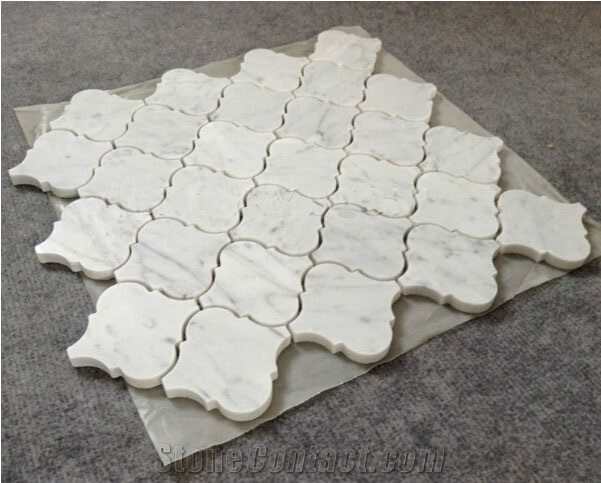 Arabesque Picket Marble Pattern, Bianco Carrara White Marble Mosaic