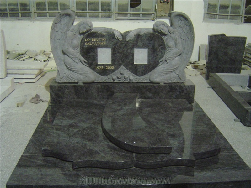 Double Angel Heart Monument & Tombstone, Bahama Blue Granite Monument & Tombstone