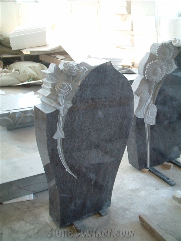 Flower Carving Headstone,Tombstone, Bahama Blue Granite Monument & Tombstone