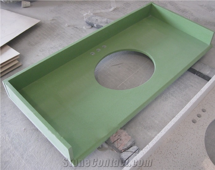 China Green Artificial Quartz Vanity Tops, China Man-Made Quartz Kitchen Countertops