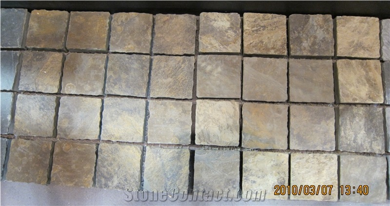 Rustic Slate Fan Shape Meshing Pavers, China Rusty Slate Cube Stone