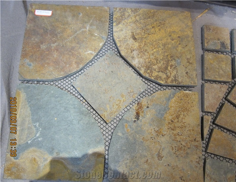 Yellow Rustic Slate Fan Shape Meshed Paving Stone, China Slate Floor Paving
