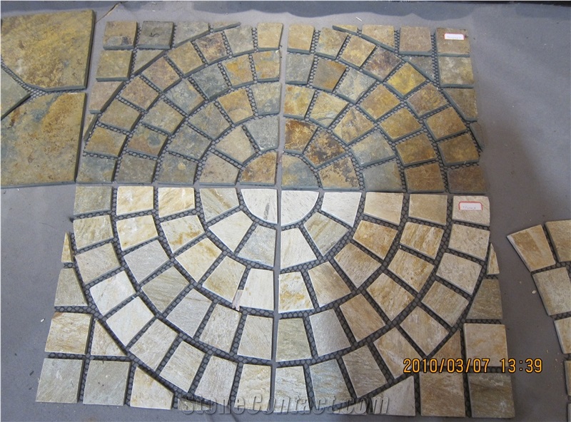 Yellow Rustic Slate Fan Shape Meshed Paving Stone, China Slate Floor Paving