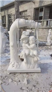 White Marble Sculpture Tree Swing Playing Children