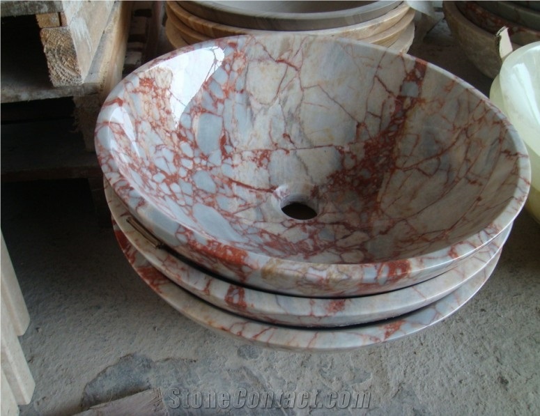 Fargo Agate Red Marble Wash Bowls, Chinese Red Marble Round Sinks for Kitchen/Bathroom, Polished Marble Wash Bains