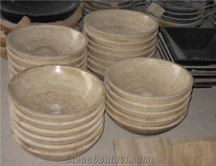 Fargo Beige Marble Wash Basins for Kitchen or Bathroom, Polished Marble Wash Bowl Sinks, Round Basins