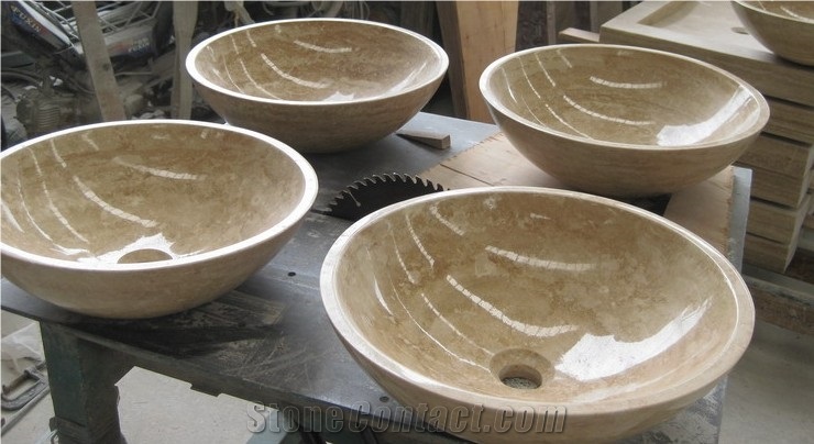 Fargo Beige Marble Wash Basins for Kitchen or Bathroom, Polished Marble Wash Bowl Sinks, Round Basins